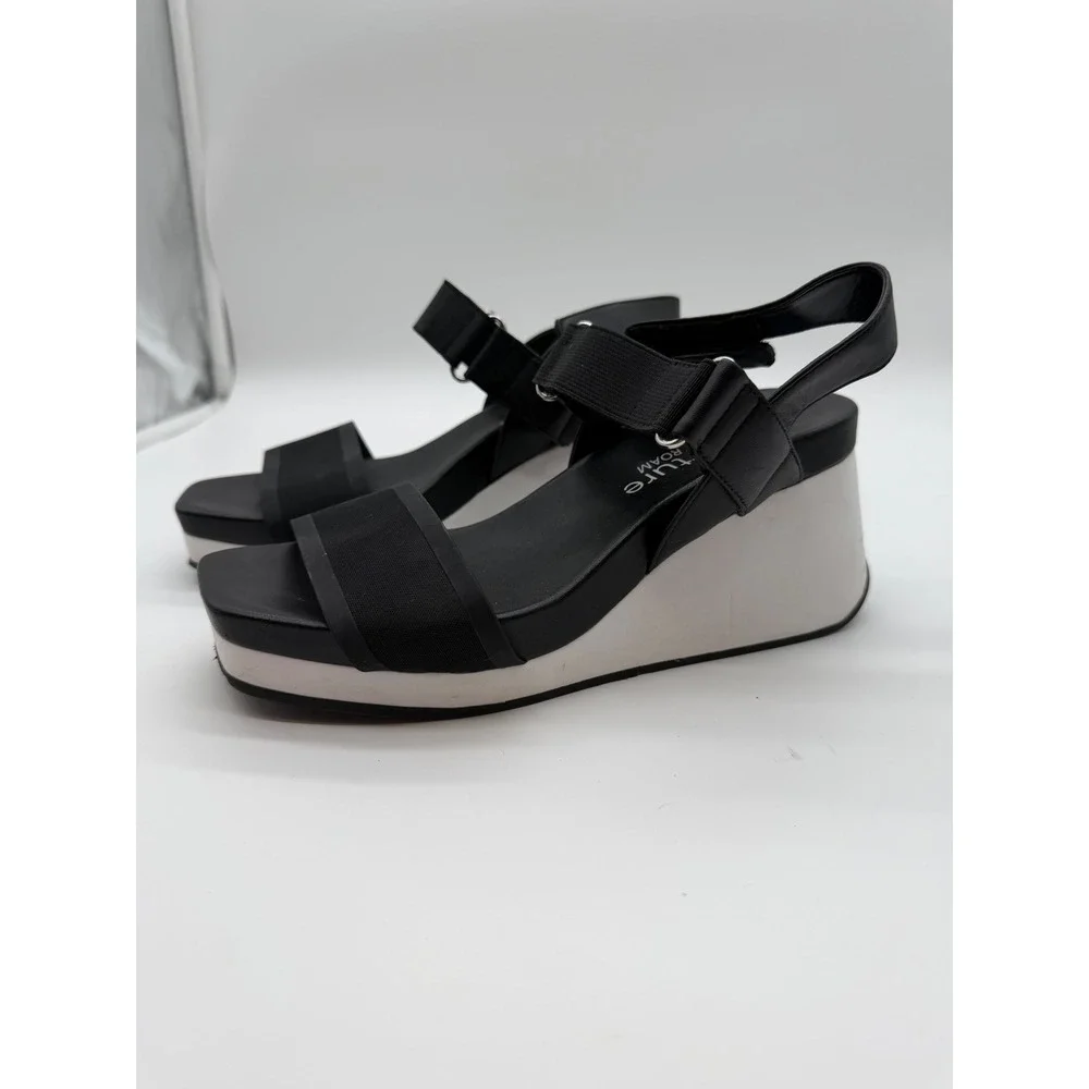 Nurture Profoam Black White Platform Wedge Sandals Square Toe Mesh‎ Strap 7.5M